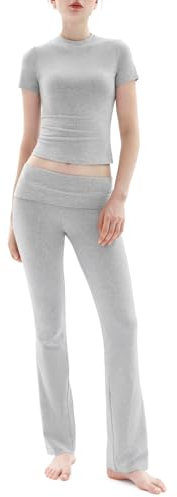 JunD Skims Lounge Set Damen Skims Inspiriert Slim Fit Zweiteiler Wear Jogger-Anzug Langarm Crop Top und Umklappbare Yoga-Schlaghose Sweatsuits