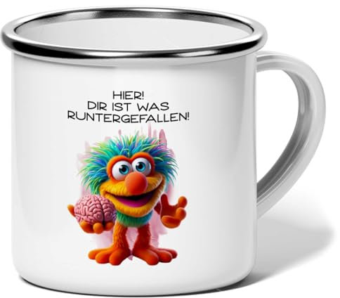 MeLifestyle Kaffeetasse Tasse Becher Motiv Hier! Dir ist was runtergefallen | Emaille 240ml | Geschenk, Freund, Freundin, Kollege, Kollegin, Bürotasse