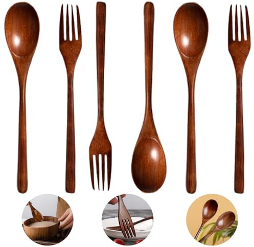 6 Pcs Cubiertos De Madera Tenedor Cuchara Pequeños, Juego De Cubiertos De Madera Japonesa, Portátiles Reutilizables Cuchara Mezcladora, Tenedor De Pastel, Para Cocina Casa Restaurante Al Aire Libre