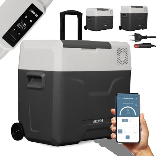 Arebos Nevera de compresor ruedas 47 litros | Congelador eléctrico con control APP para enfriar, congelar y mantener caliente | Refrigeración hasta -20 °C | Nevera para coche