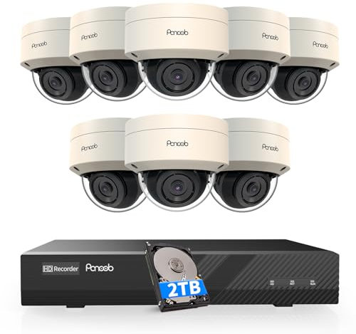 PANOOB Sistema de cámara de seguridad PoE, 8 x 5 MP con cable IP IK10 cámara domo a prueba de vandalismo, detección humana IA, acceso remoto, micrófono integrado de visión nocturna IR de 100 pies, 4K