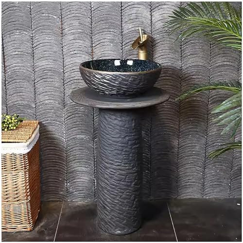 ZTGL Standwaschbecken Im landhausstil, Handgeschnitzte Keramik Säulen Waschbecken, Badezimmer Waschtisch Mit Wasserhahn und Abfluss-Kombinat,Without Mirror