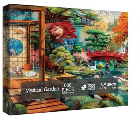 Japanese Colorful Garden Puzzles for Adults 1000 Pieces, Beautiful Nature Landscape Jigsaw Puzzles, Pretty Art Peacock Flower Bird Tree Scenic Puzzle