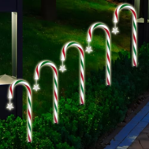 5 Stück Solar Garten Lichter Weihnachten Lichter Zuckerstange Außen Lichter Schneeflocke Stern Weihnachten Dekorationen Warm Licht für Weg Hof Veranda Zuhause Urlaub 8 Modi (Star)