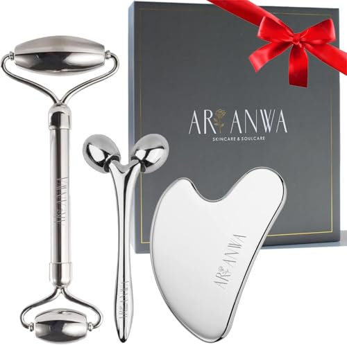 ARI ANWA Skincare: Premium Edelstahl Gua Sha und Edelstahl Gesichtsroller Set + 3D-Massager für straffe Haut und definierte Konturen Stainless Steel Gua Sha Set