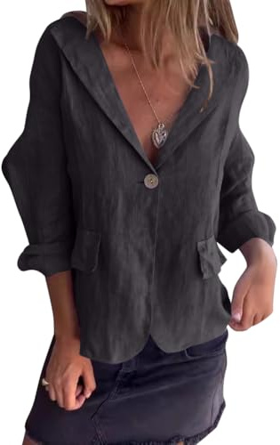shownicer Leinenblazer Damen Leicht Leinen Blazer Sommerjacke Tailliert Sommer Übergangsjacke Elegant 3/4 Ärmel Anzugjacke Blazerjacken Knöpfe Sakko Hemdjacke Leinen Jacke