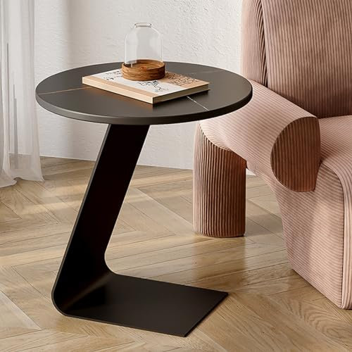 Runder Beistelltisch mit Schreibtischplatte aus Sinterstein, kleiner Couchtisch im modernen Stil, C-förmiger Beistelltisch mit Metallbeinen für Wohnzimmer und Schlafzimmer, Schwarz Chaser of Light