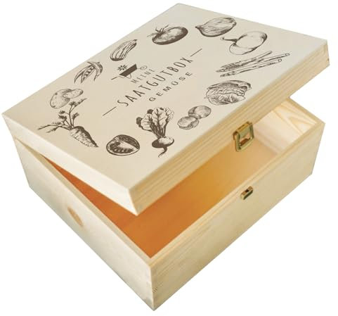 MrTKBooker Saatgutbox Holz graviert | Samen Box Gemüse mit Aussaat & Erntekalender | personalisierbar (Personal + Saatgut)