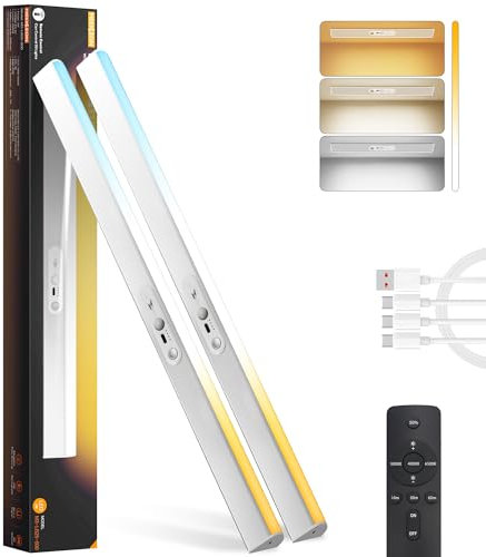 Lampe LED sans fil avec télécommande et détecteur de mouvement pour l'intérieur, lampes d'armoire LED rechargeables avec CCT et intensité variable, lampe sous évier pour cuisine, escalier (2, 60 cm)