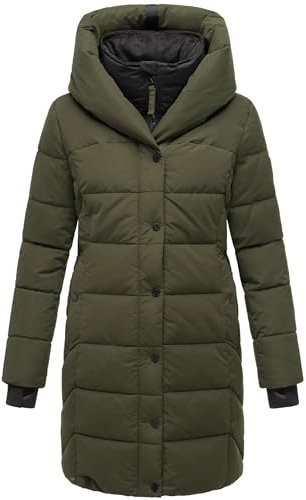 Navahoo Damen Wintermantel warmer Steppmantel lang mit Kapuze und abnehmbarem Fleece-Kragen Knutschilein Dark Olive Gr. 3XL