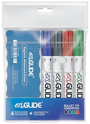 Eziglide 4-Pack Bullet Tip Whiteboard Pens with Magnetic Eraser – Non-Permanent, Erasable Drywipe Markers with Smudge-Free Ink - Ideal for Whiteboard, School & Flipcharts (Black, Red, Blue & Green)