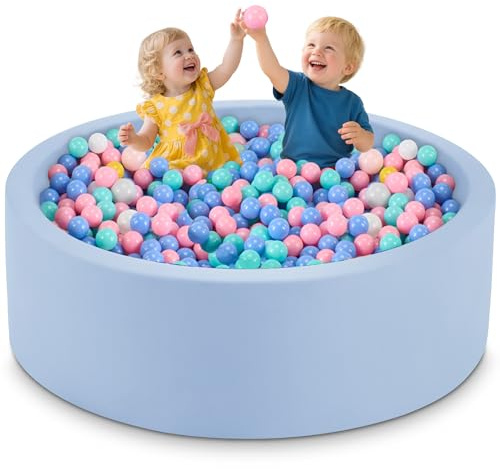 Aunekiv Piscina per palline per bambini a partire da 1 anno, in schiuma 120 x 40 cm, rotonda, morbida, per bambini, senza palline, giocattolo per bambini, azzurro