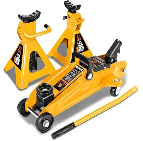 PM PERFORMOTOR Low Profile Hydraulic Trolley Service/Floor Jack Combo with 2 Ratchet Jack Stands, 2 Ton (4000 lbs) Capacity, Orange,PM-TOL-FJ3P-OG