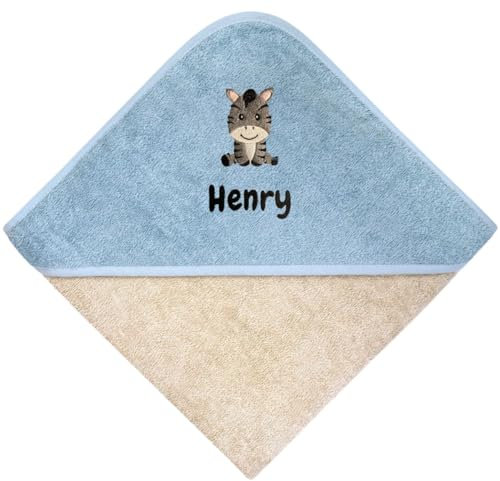 Wolimbo Kapuzenhandtuch personalisiert mit Namen und Motiv - Greige stahlblau - 100x100cm - für Baby und Kinder Babyhandtuch/Kinderhandtuch/Badetuch
