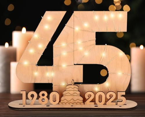 Giftota 2025 Livre d'or en Bois pour Femmes et Hommes - Numéro 45 Cadeau en Argent - Cadeau de 45e Anniversaire avec LED Lumières - 45e Décorations en Bois - Panneau de Bois - Cadeau Personnalisable