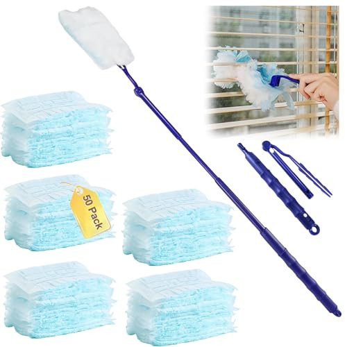 Fluffy Duster Refills,50 Fluffy Dusters+1 Folding Handle + 1 Telescopic Extension Handle,Duster Refills for Cleaning Furniture, Office, Blinds, Dresser,Car Dashboard