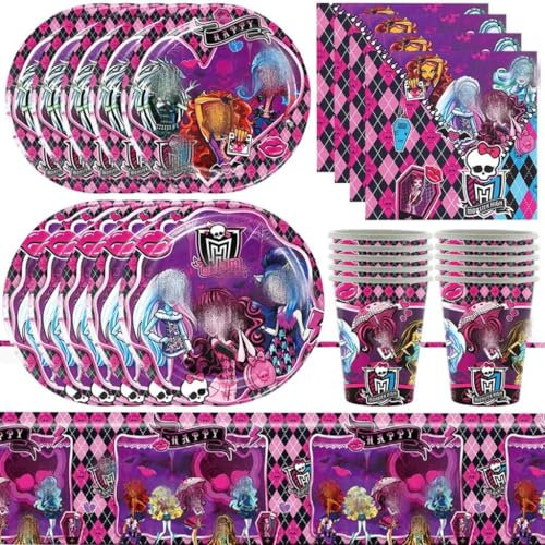 51PCS Monster Thème Couverts De Fête, Party Décorations Enfant Pour Anniversaire,Set de Vaisselle de Fête pour Fille,Anniversaires Fournitures Assiettes, Gobelets, Serviettes, Nappes
