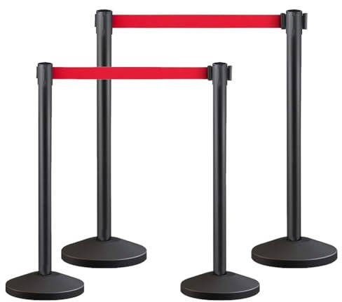 Premium Absperrstab mit Seil - Robuster Crowd Control Bandstab für Warteschlangen, Events & Ladenmanagement, Kohlenstoffstahl Seilabsperrungen,Set mit 6.5 ft/2 m rotem einziehbarem Gürtel (4)