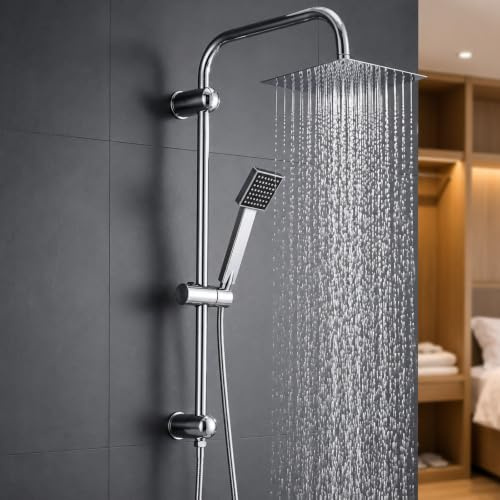 Trintion Regendusche Duschsystem 20×20cm Quadrat Duschset mit Handbrause | Wandmontiertes Duscharmatur Set verchromtes Design Messingventil höhenverstellbar mit Schlauch für Badewanne Zuhause