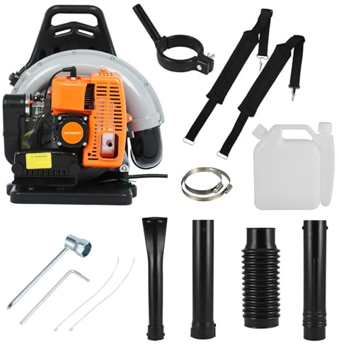 reukmuuc Gasbetriebener Laubbläser, 665 CFM Rucksack, hochvolumiges Outdoor-Gebläse mit 2,3 kW 63 cc Motor, verstellbarem Luftk & gepolsterten Riemen, Benzingebläse für Rasenreinigung