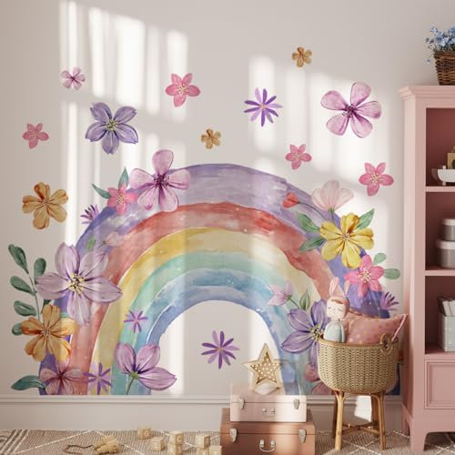 WandSticker4U®- [Aquafarben] Wandtattoo REGENBOGEN Kinderzimmer pastell lila/rosa (110x90 cm) I Wandsticker Mädchen Regenbogen groß Boho Blumen Rainbow I Wandaufkleber Kinderzimmer Deko Mädchen