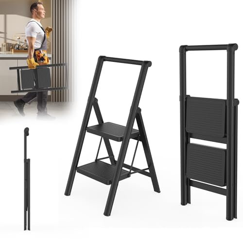 LARS360 2 Stufen Leiter Klappbar mit Handlauf, rutschfeste Haushaltsleiter, Klapptrittleiter für Haushalt, Büro, Tragbar und Stabil, Belastbar bis 250KG, Schwarz