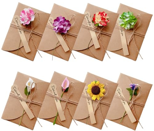 RHQFDM 8 Stück Karten mit getrockneten Blumen | Blanko Grußkarten mit Kraftpapierumschlag, 113x80 mm, beschreibbar, für Muttertag/Geburtstag/Hochzeit