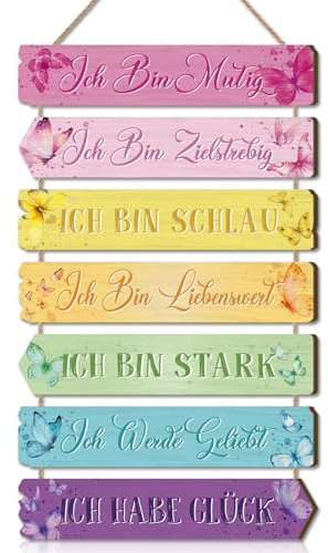 CHDITB Wanddeko Kindzimmer Mädchen,Schmetterlinge Regenbogen bilder Mädchenzimmer Türdeko,Inspirierende Zitate Wandbild,Bunte Schild mit Spruch,Ich Bin Muig Wandkunst Babyzimmer Schlafzimmer Geschenk