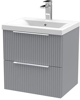 Balterley Vanity Unit with Basin Wall Hung, 2 Drawer Soft Close with Mid Edge Sink and Handles, Bathroom Vanity Units with Basin, Fluted Front Sink Cabinet - 510 x 390 x 540mm (Grey)