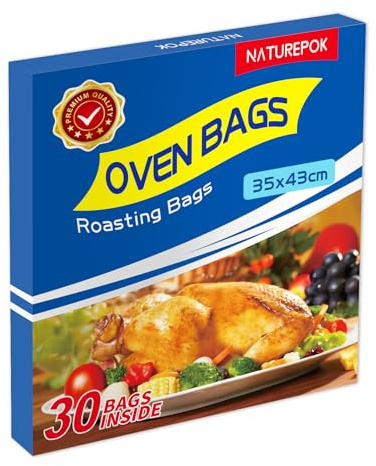 30 PCS Oven Roasting Bags with Ties — 43 x 35cm Heat-Resistant Cooking Bags for Chicken Turkey Meat Fish — Multipurpose Food Safe Oven Bags for Baking Steaming Roasting Grilling Meal Prep