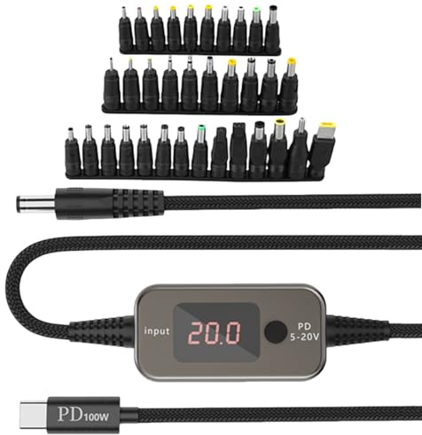 100W Typ C PD zu DC Adapterkabel, 1m Einstellbare Spannung 5V/9V/12V/15V/20V, PD-ON-DC Stecker Kabel mit Spannungsanzeige & Schalter, Inklusive 34 Adaptern für Laptop, Router, Monitor, USB-Hub, Kamera