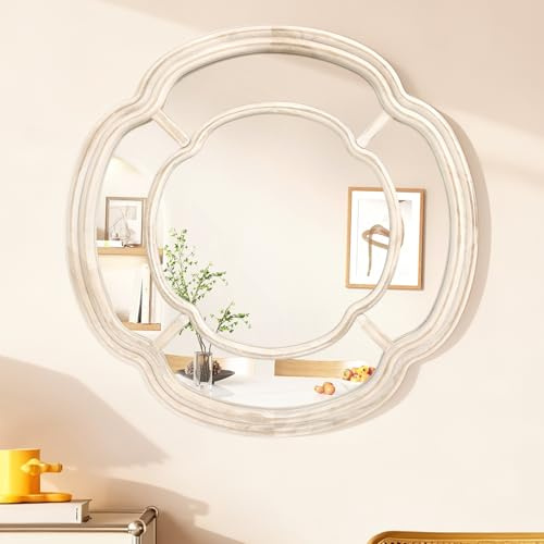 Lzuso Weißer unregelmäßiger Spiegel, Wandmontage, gewellter Kreisspiegel, Holzrahmen, runder hängender dekorativer Spiegel für Eingangsbereich, Wohnzimmer, Waschtisch und Schlafzimmer, 50 x 50 cm