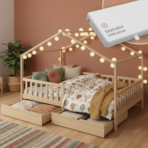 Bellabino Bia Schubladenbett 140x200 cm, Natur, mit Matratze, 2 Schubladen | Montessori Hausbett aus Kiefer Massivholz, mit Rausfallschutz, mit Lattenrost, Stauraum, Kinderbett für Jungen & Mädchen