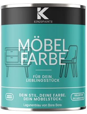 KENZOPAINTS Möbelfarbe 750ml. Seidenmatt Möbellack Buntlack Innen und Außen Holzfarbe Trendfarben DIY (1, Lagunenblau von Bora Bora, 750ml.)