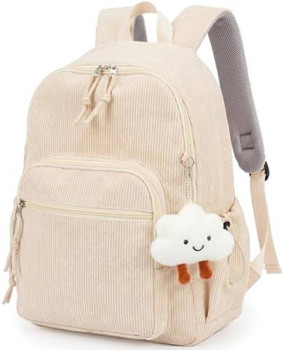 Aulenge Cord Rucksack Damen Großer Laptop Rucksack Damen | mit Mehreren Fächern, Verstellbarer Schultergurt, Vintage Stil, Schulrucksack für College Arbeit Reisen, Weiß