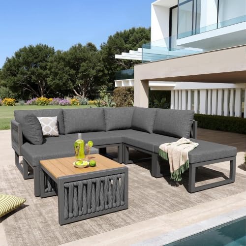 Merax Garden Furniture Set with Adjustable Backrest, Cushions, Outdoor Lounge Armchairs for 6 People, Outdoor Daybed with Wood-Look Table, Gray – Ideal for Patios, Gardens & Balconies