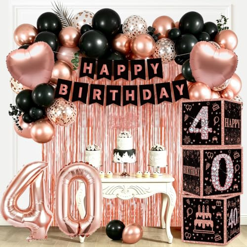 Decoration Anniversaire 40 Ans Femme Or Rose Noir – Kit Complet avec Boîtes à Ballons, Ballon Chiffre 40, Bannière Happy Birthday, Cake Topper, Ballons Latex Confettis pour Fête Anniversaire 40 Ans