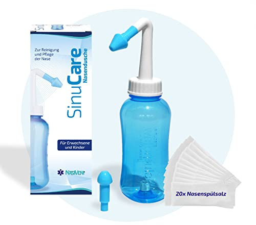 Nasivent SinuCare Ducha nasal con 20 sobres de sal – Limpieza suave para nariz tapada y polen – Sin BPA, lavable, con 2 boquillas