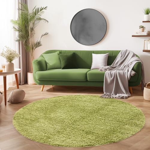 SIMPEX Flauschiger Teppich Wohnzimmer Schlafzimmer Läufer Flur Esszimmer Küchenteppich Hochflor Einfarbig Modernes Design 30 mm Florhöhe Kuschelweich, Grün, 80 cm Rund