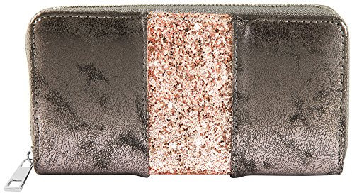 Damen Geldbörse aus Lederimitat mit Glitzer Querformat 19 x 10 cm (Braun / Roségoldfarbig)