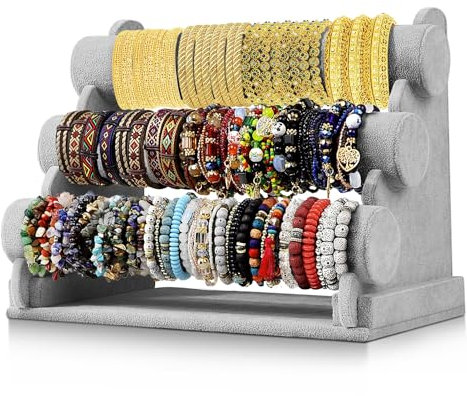 Flexzion Schmuckständer mit 3 Ebenen, aus grauem Samt, mit T-förmigem Ständer, abnehmbar, für Halsketten, Armbänder, Ohrringe, Armreifen, Anhänger, Fußkettchen, Turm, Uhr, Schlüsselhalter, Organizer