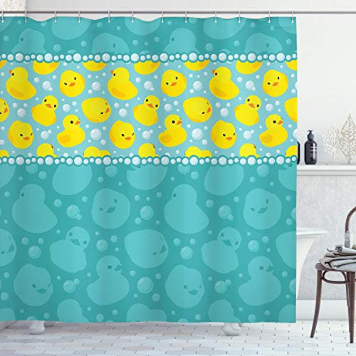 ABAKUHAUS Ente Duschvorhang, Fun Aqua Bubbles, Stoffliches Gewebe Badezimmerdekorationsset mit Haken, 175 x 240 cm, Teal Blau