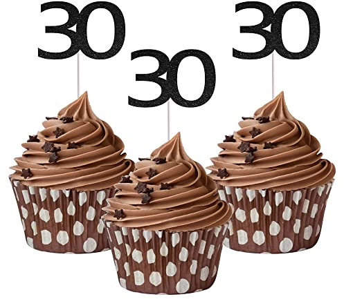 Sumerk 24PCS 30 Cupcake toppers Black Glitter 30th Birthday Cupcake Picks Anniversary Party Decorations