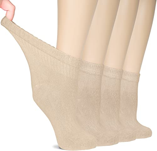 Hugh Ugoli Calcetines Tobilleros Mujer Diabéticas, 4 Pares, Calcetines de Bambú Suaves y Finos, Holgados para Tobillos Hinchados, Cintura sin Presión y Punta Sin Costura, Beige claro, Talla: 36-39