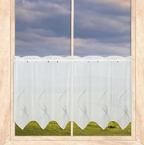 Moderne Scheibengardine Samara mit Ornament-Stickerei aus Plauener Spitze weiß-grau in 3 Höhen (Höhe x Breite 45 x 160 cm)