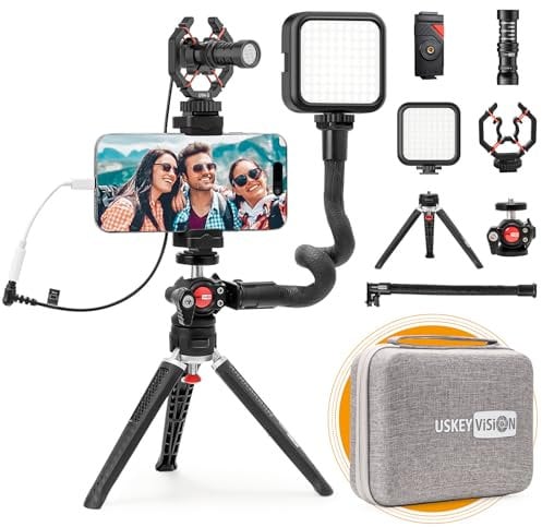USKEYVISION Smartphone Video Vlogging Kit with Video Microphone, LED Light, Adjustable Grip, Metal Tripod for iPhone 15/14/13 Pro Max & Smartphones,Video Recording for YouTube,TikTok(V-Master)