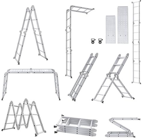 XMTECH 340cm Leiter Mehrzweckleiter Klappleiter Gelenkleiter mit Plattform Aluleiter Multifunktionsleiter Kombileiter 6 in 1 Anlegeleiter Stehleiter aus Aluminium - 4x3 Stufen, Silber