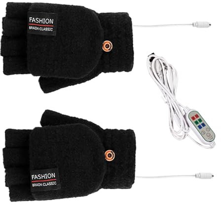 Soekodu USB Beheizte Handschuhe Unisex Fäustling Laptop Handschuhe Stricken Warm Voll/Halb Fingerlos Heizung Wärmer Elektrische Winter Hand Fäustling für Frauen Männer Mädchen (Schwarz mit Schalter)
