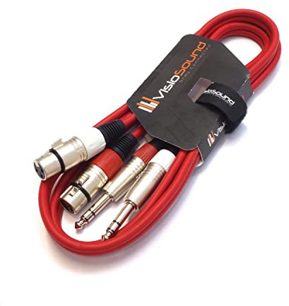 VisioSound 2 x Female XLR to 2 x 6.35mm 1/4 Stereo TRS Jack Balanced Twin Lead/Patch Cable - 3 Colours (1.5m-red)