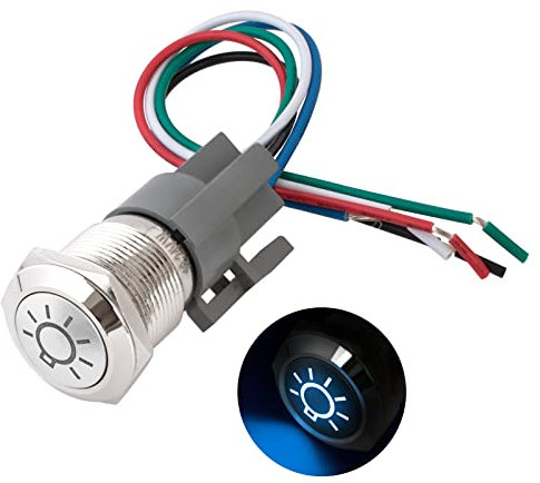 19mm Latching Metal Push Button Druckschalter Kugelkopf Taste mit Glühbirne Symbol 5 stifte Wasserdicht Selbstsichernde Schalter 12V 24V mit Kabelbuchse und blaues Licht